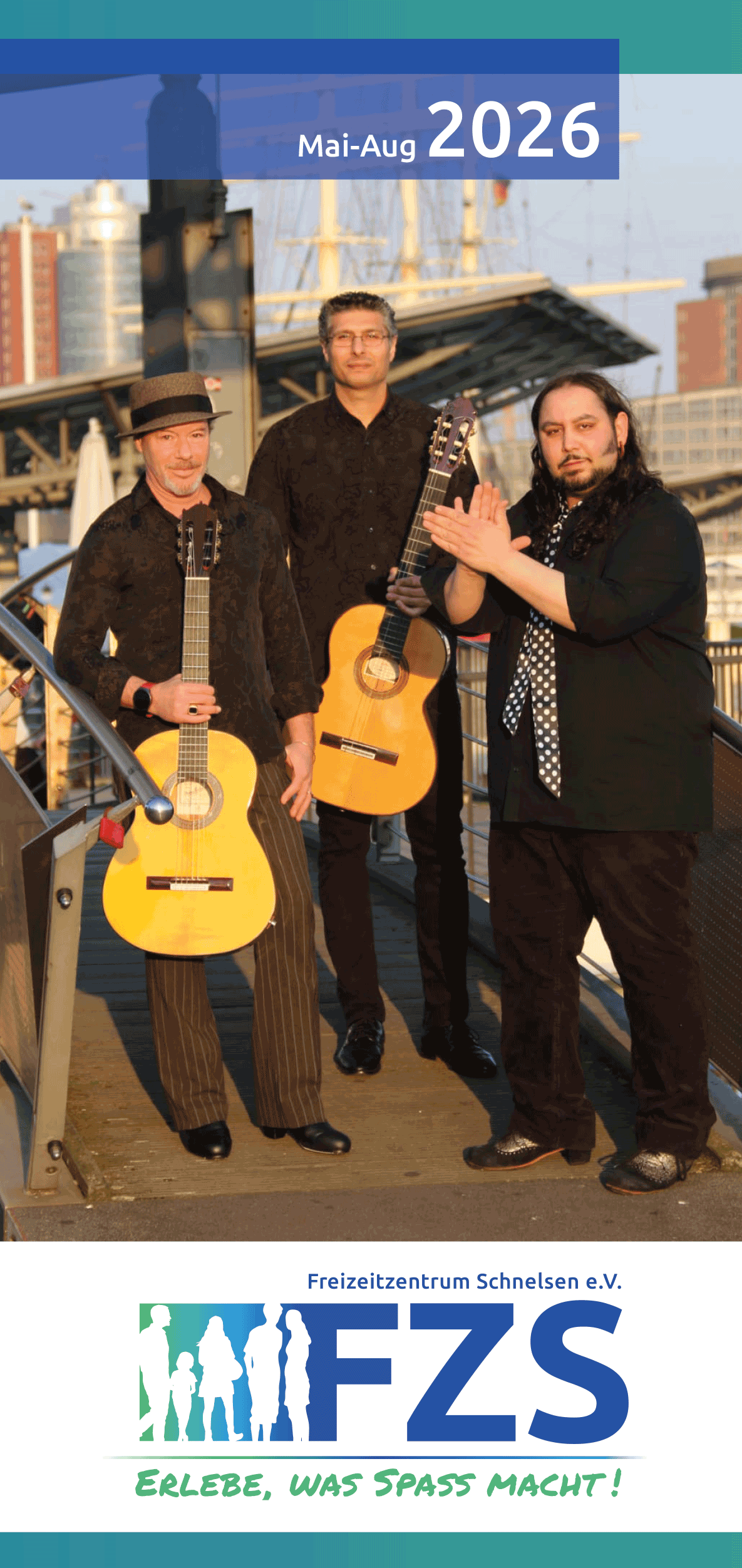 Titelseite des Veranstaltungsflyers März–April 2026 des Freizeitzentrums Schnelsen e. V. Der Link öffnet den vollständigen Flyer als PDF.