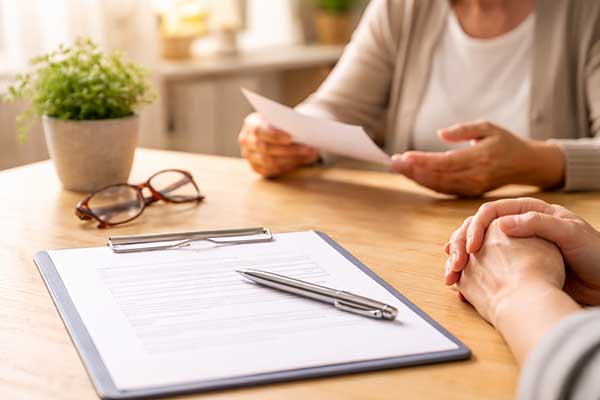 Klemmbrett mit Formular und Stift auf Tisch, zwei Personen im Gespräch im Hintergrund