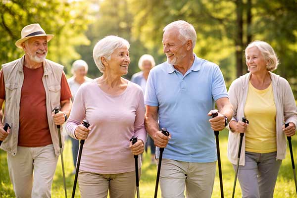 Gruppe älterer Erwachsener beim Nordic Walking auf einem sonnigen Parkweg im Grünen