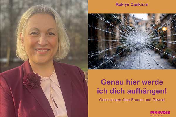 Buchcover mit Porträt einer Frau, zerbrochener Scheibe und dem Titel „Genau hier werde ich dich aufhängen!“