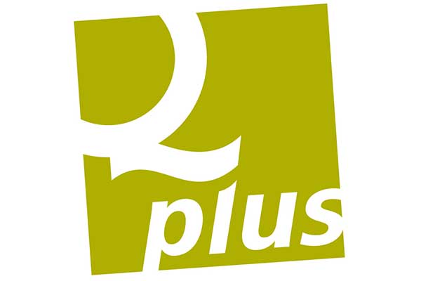 Weißes „9 plus“-Logo auf olivgrünem quadratischem Hintergrund