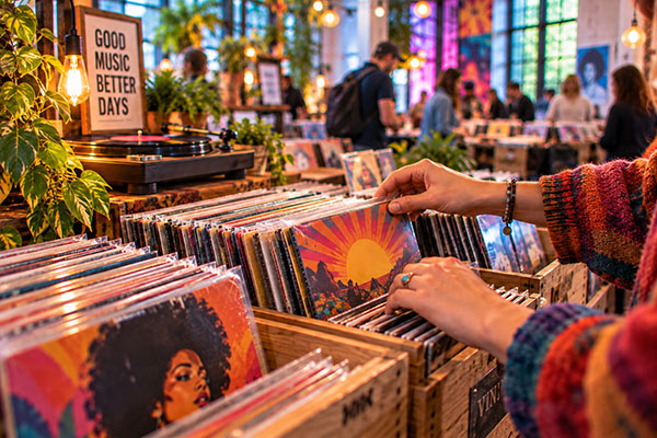 Hände stöbern durch Kisten mit Schallplatten auf einer farbenfrohen Vinylbörse mit Plattenspieler, Pflanzen und weiteren Besucher:innen im Hintergrund.